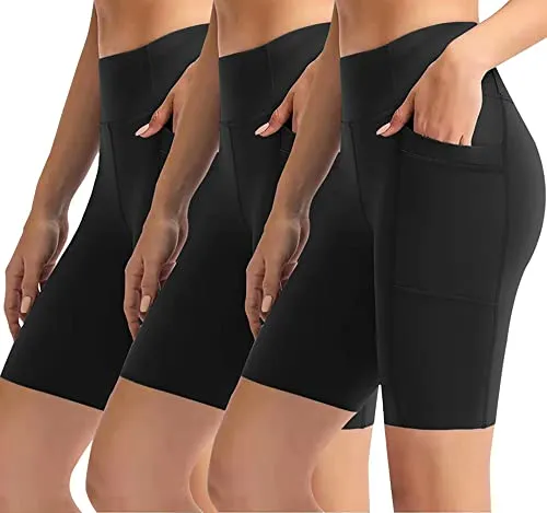 High Waisted Biker Shorts for Women-Workout Yoga Running Shorts Leggings with Pockets (1# Black,3 Pack, Large)