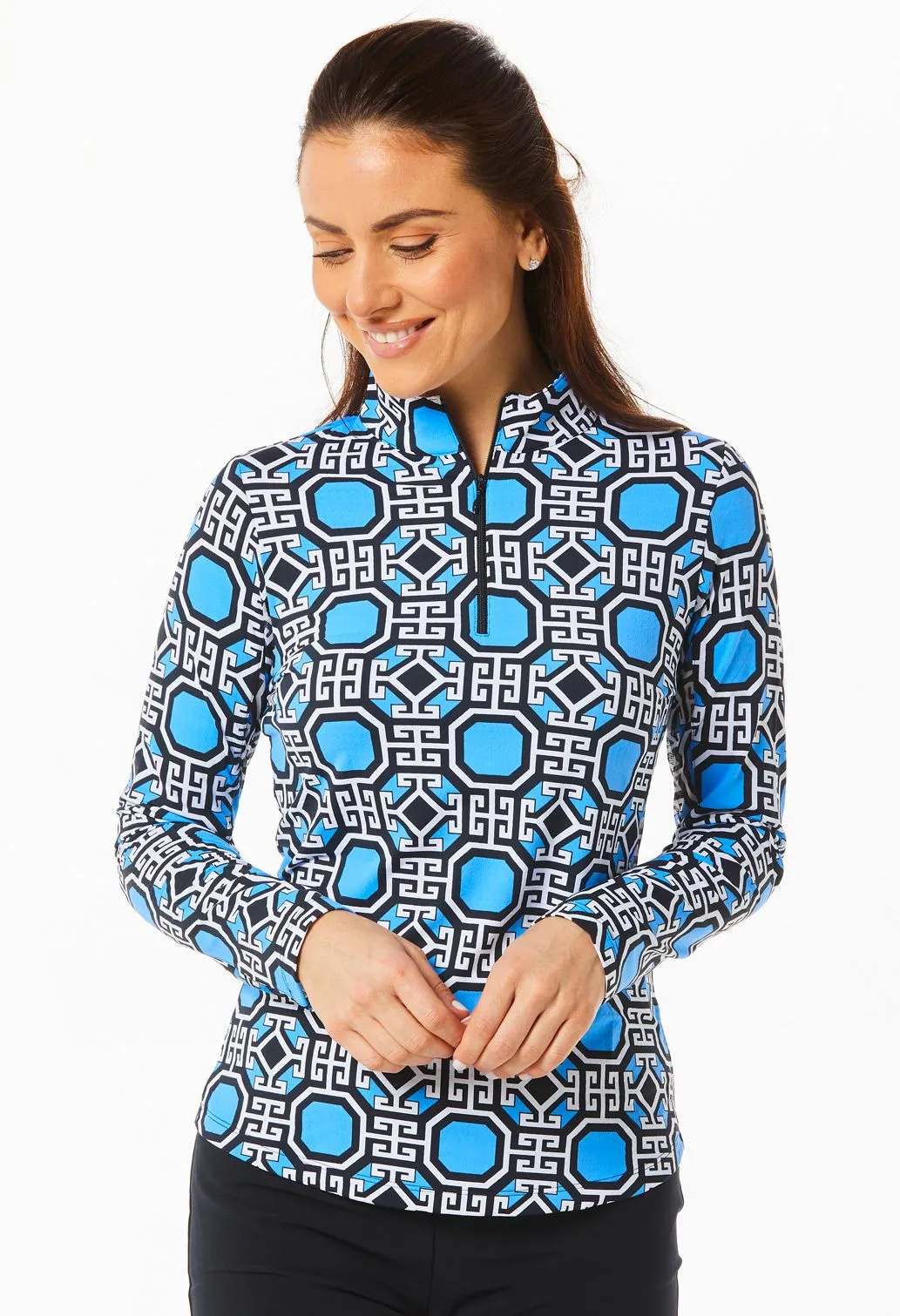 Ibkul Icifil Long Sleeve Sun Shirt: Classic Key Royal/Black  Print Zip Mock - SPF 50