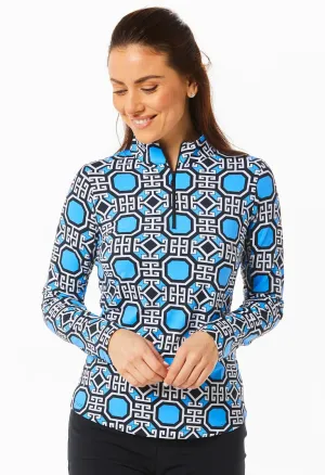Ibkul Icifil Long Sleeve Sun Shirt: Classic Key Royal/Black  Print Zip Mock - SPF 50