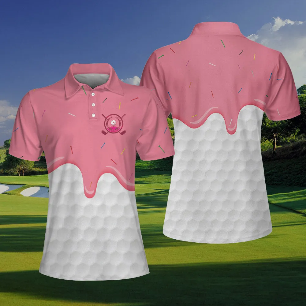 Ice Cream Melting On Golf Ball Cone V2 Golf Short Sleeve Women Polo Shirt, White And Pink Women Golf Shirt