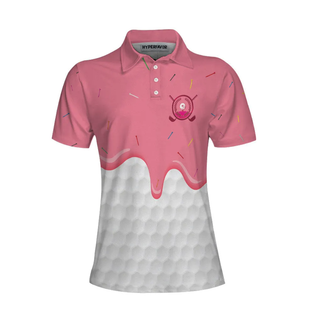 Ice Cream Melting On Golf Ball Cone V2 Golf Short Sleeve Women Polo Shirt, White And Pink Women Golf Shirt