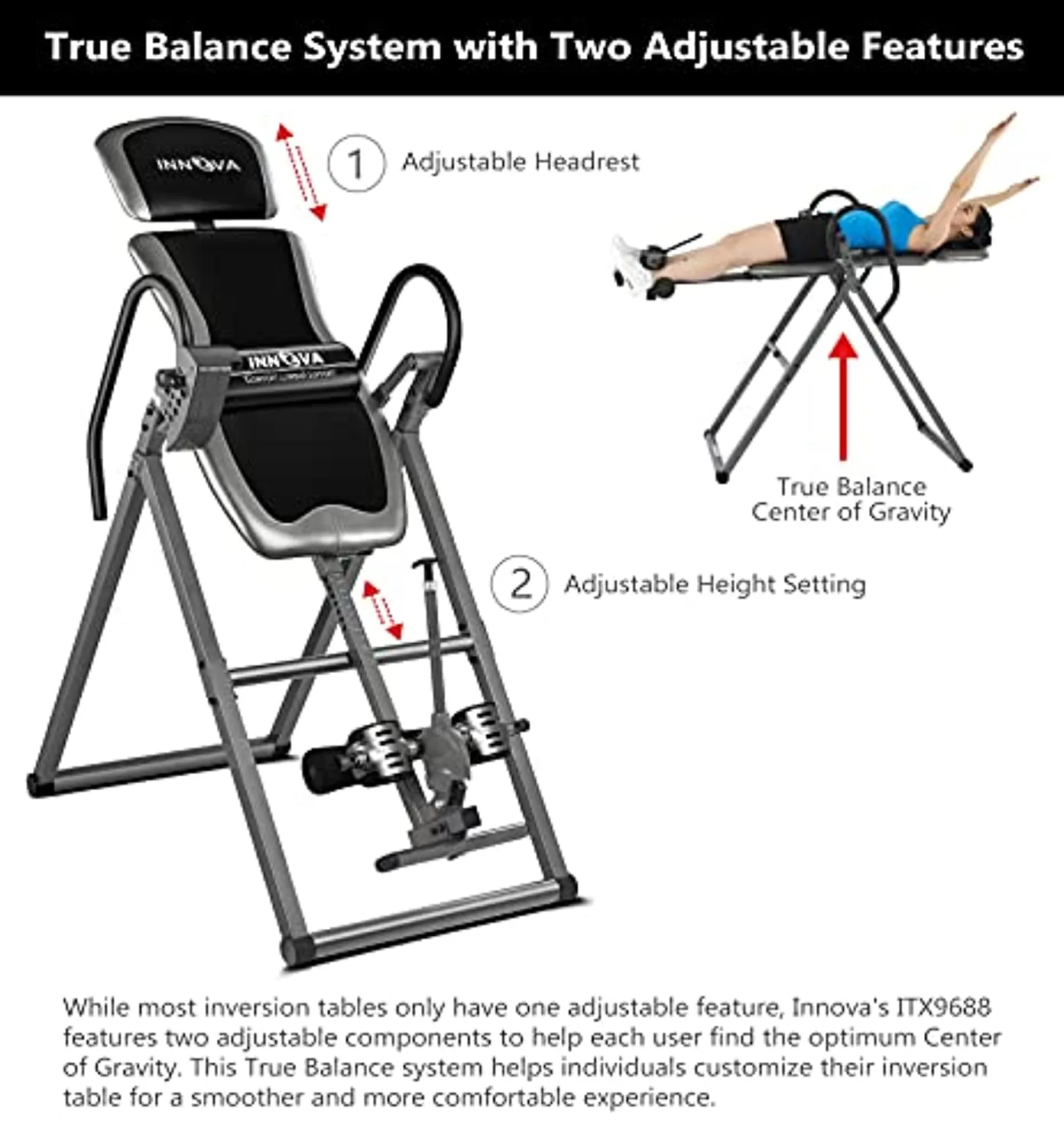 Innova Inversion Table with Adjustable Headrest, Reversible Ankle Holders, and 300 lb Weight Capacity