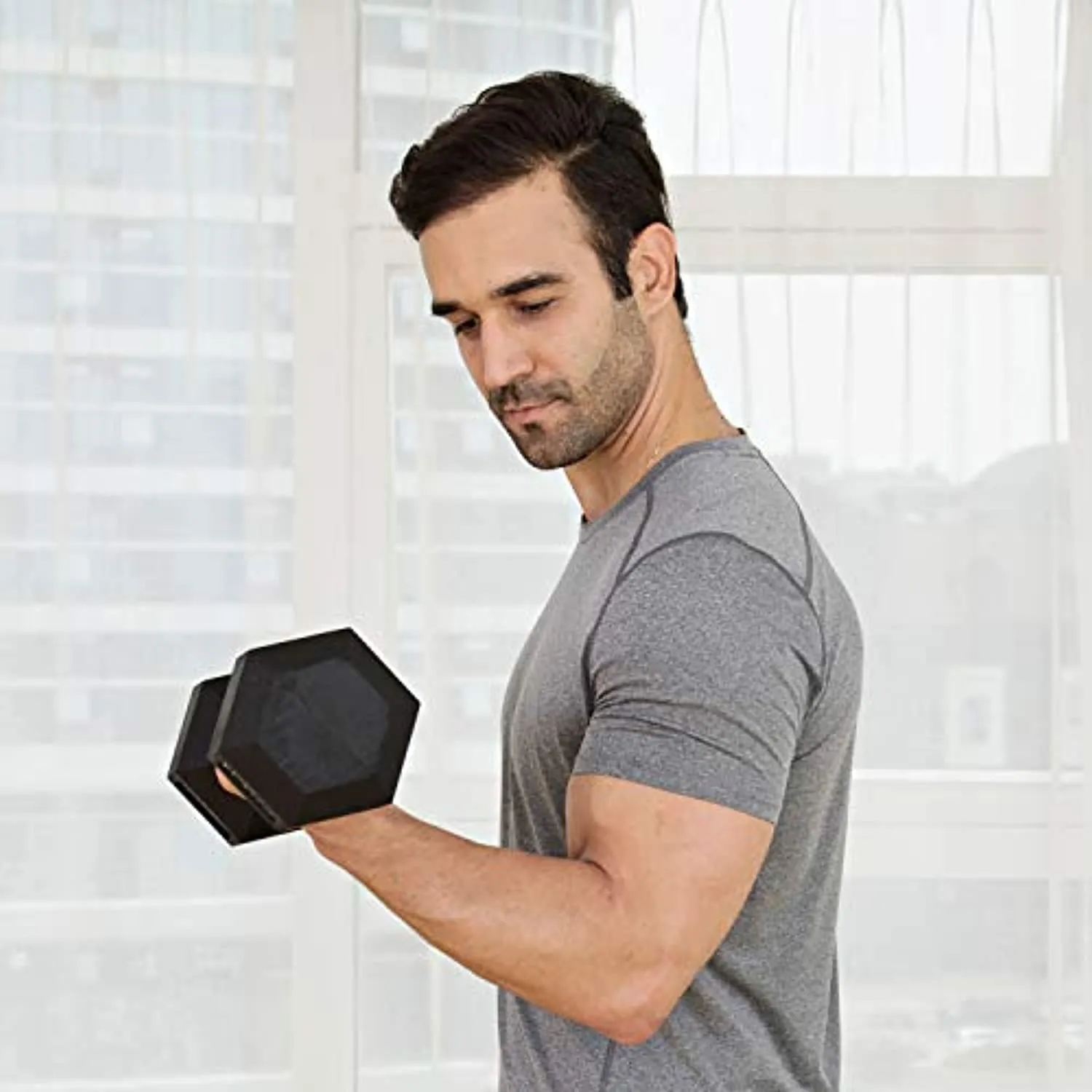 JFIT Rubber Hex Dumbbell 40 LB Single - Hex Shaped Heads to Prevent Rolling and Injury - Ergonomic Hand Weights for Exercise, Therapy, Building Muscle, Strength and Weight Training