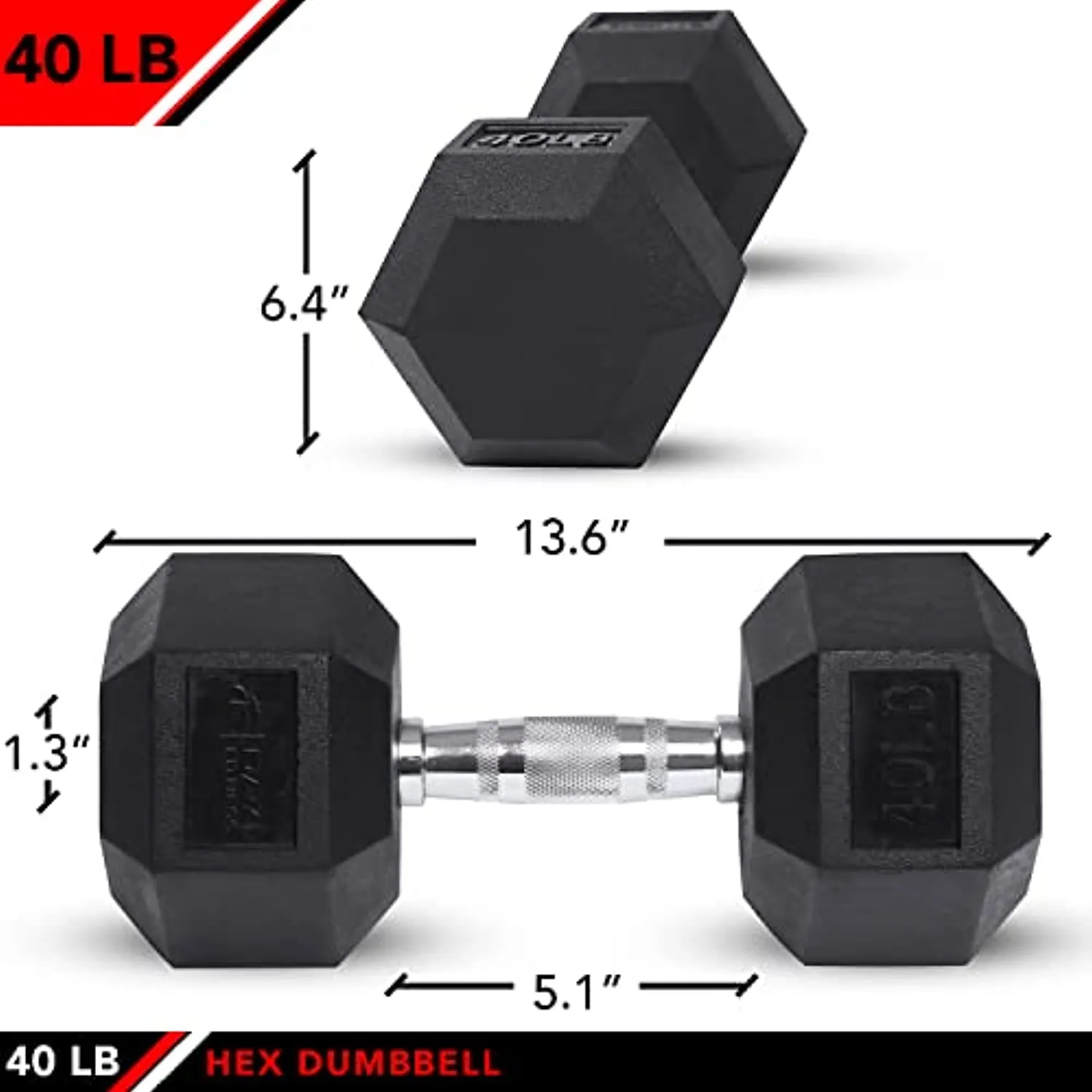 JFIT Rubber Hex Dumbbell 40 LB Single - Hex Shaped Heads to Prevent Rolling and Injury - Ergonomic Hand Weights for Exercise, Therapy, Building Muscle, Strength and Weight Training
