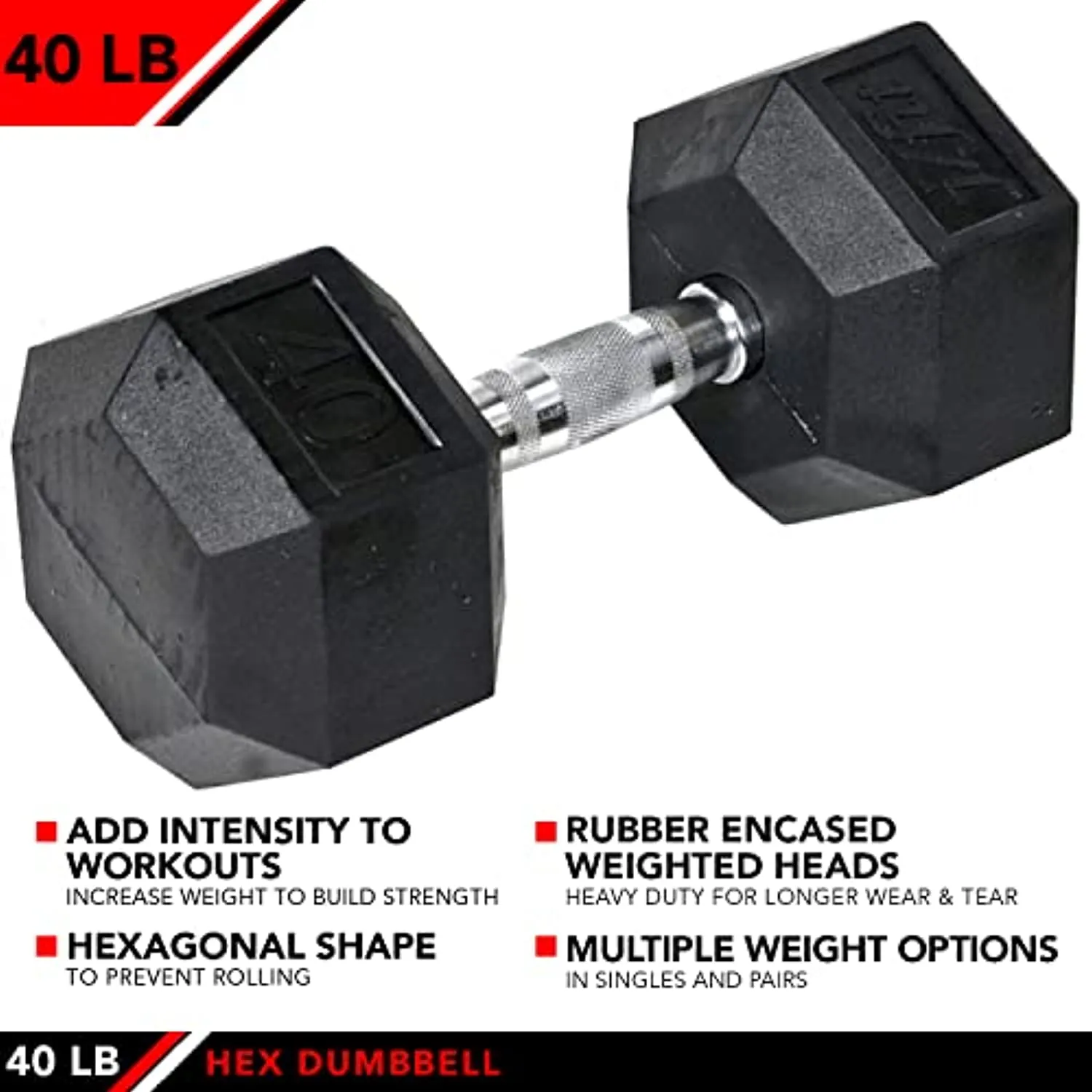JFIT Rubber Hex Dumbbell 40 LB Single - Hex Shaped Heads to Prevent Rolling and Injury - Ergonomic Hand Weights for Exercise, Therapy, Building Muscle, Strength and Weight Training