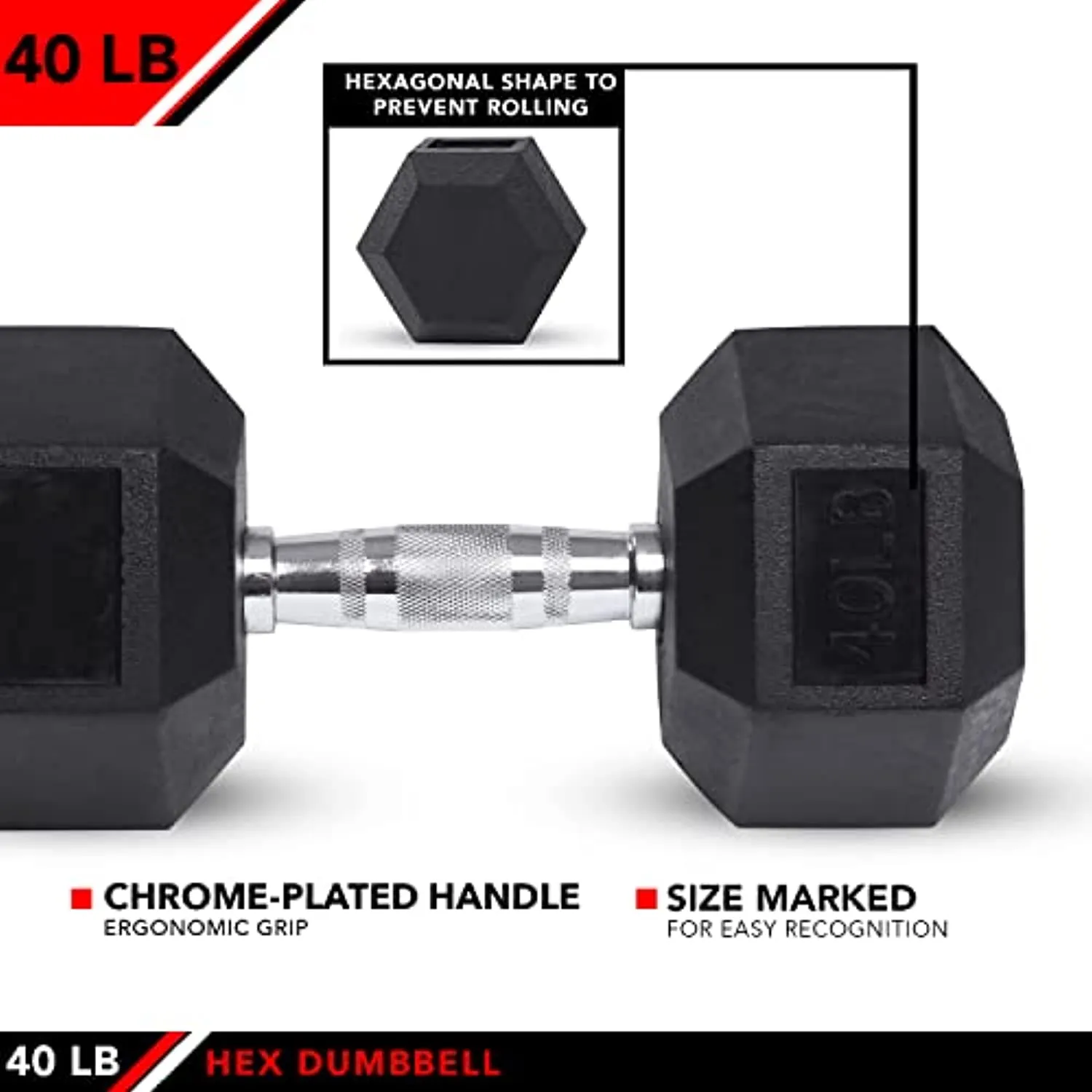 JFIT Rubber Hex Dumbbell 40 LB Single - Hex Shaped Heads to Prevent Rolling and Injury - Ergonomic Hand Weights for Exercise, Therapy, Building Muscle, Strength and Weight Training
