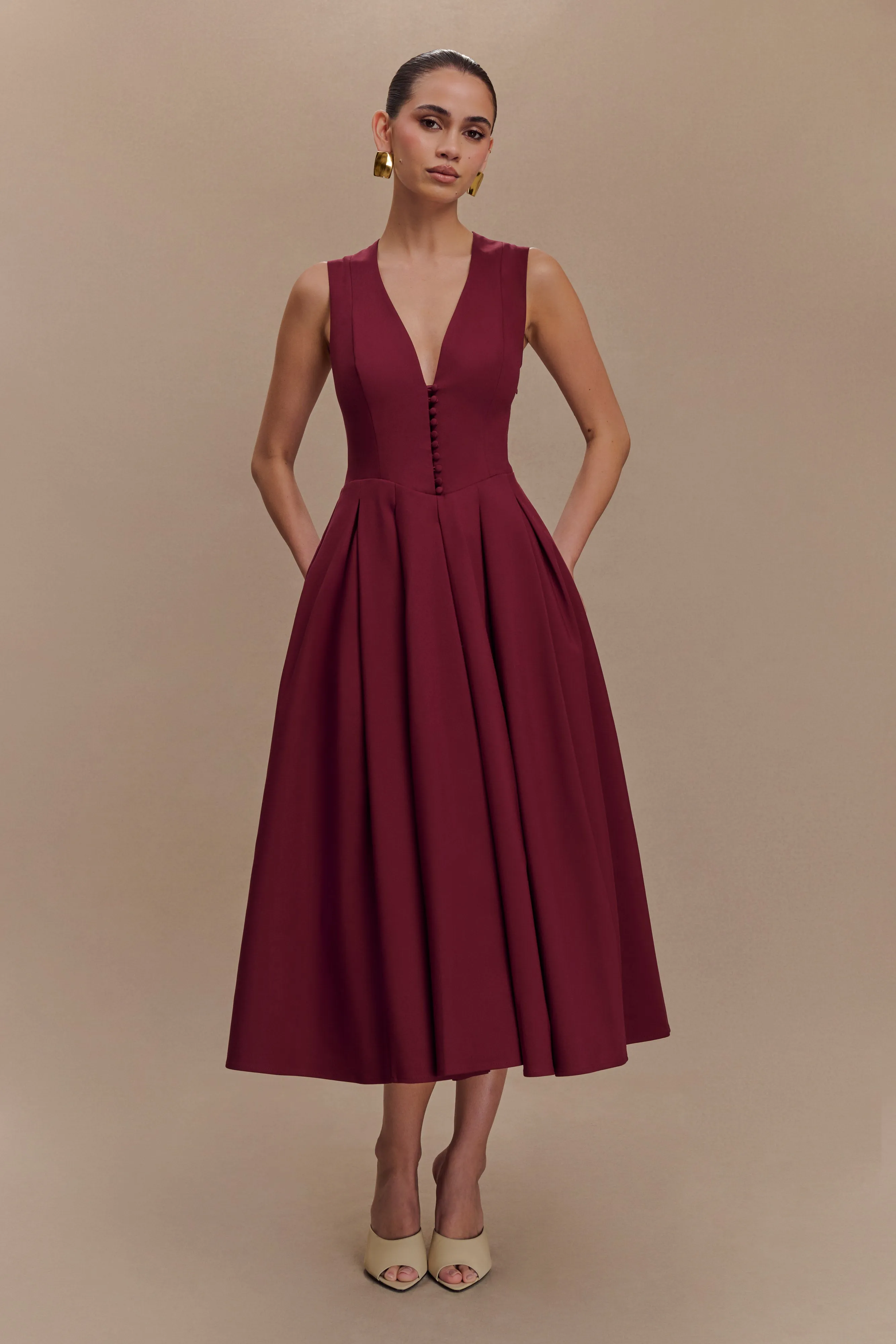 Keely Cotton Sleeveless Midi Dress - Wine