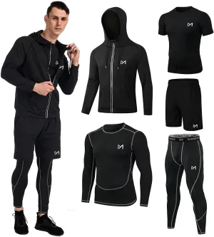 MEETYOO 5Pcs Men's Compression Sets Pants Long Sleeve Shirt Athletic Shorts Running Jacket Short Sleeve t-Shirts