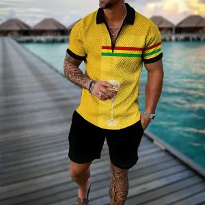 Men's Contrast stripes Printed Polo Shirt and Shorts 2-piece Set