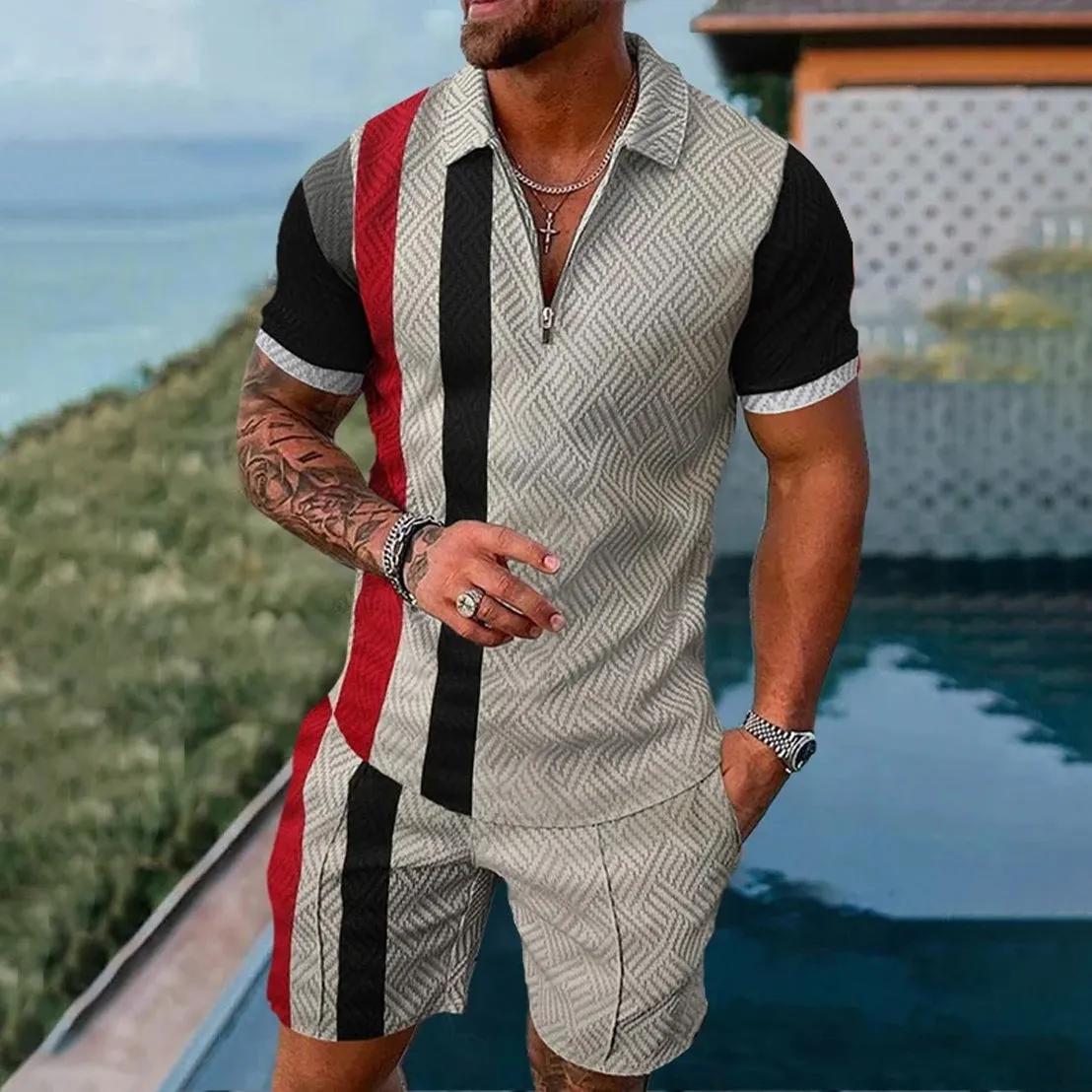 Men's Geometric Print Casual Short-Sleeved Polo Two-Piece Set