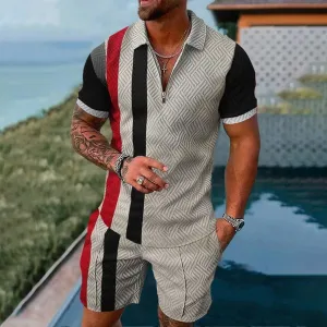 Men's Geometric Print Casual Short-Sleeved Polo Two-Piece Set