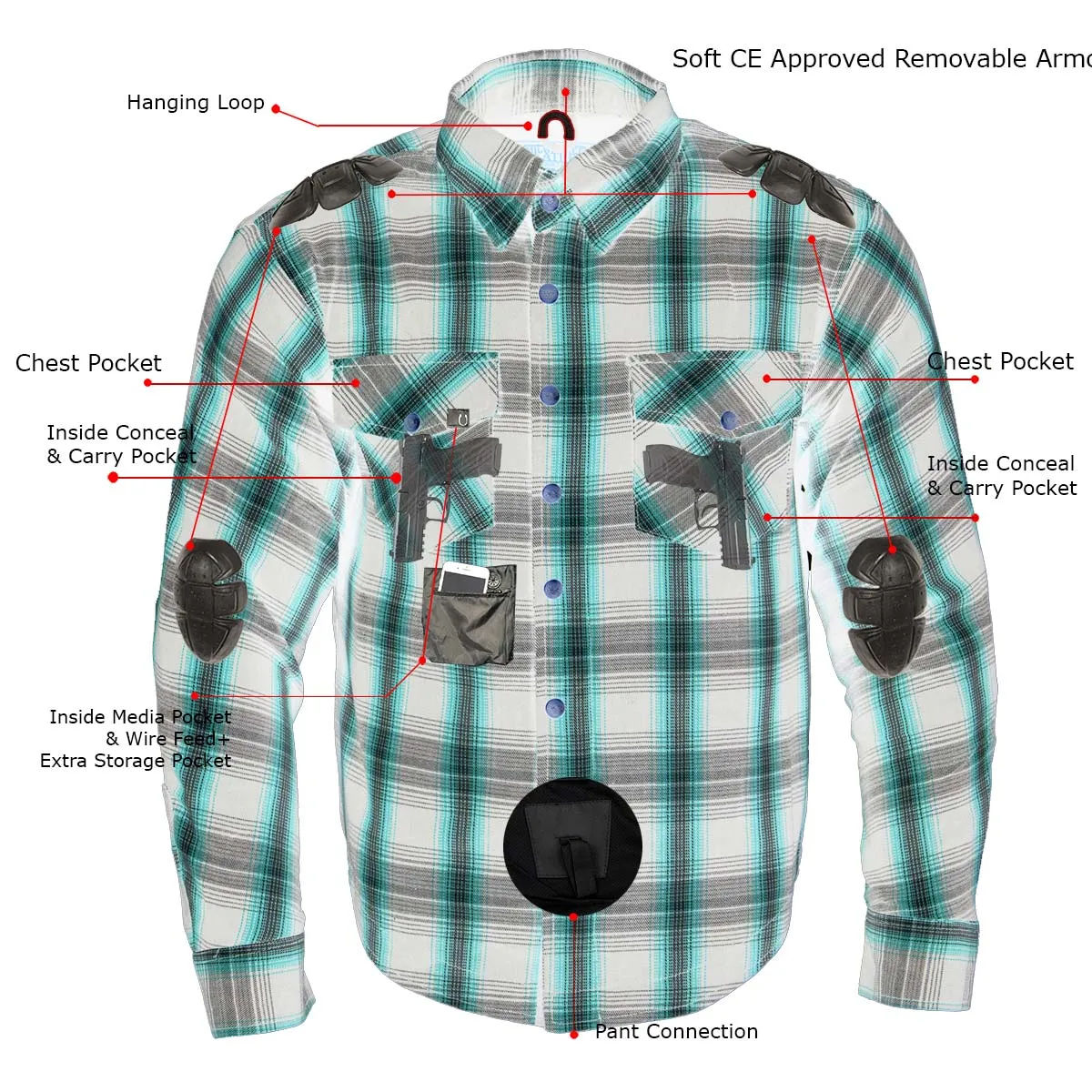 MPM1640 Men's Plaid Flannel Biker Shirt with CE Approved Armor - Reinforced w/ Aramid Fiber