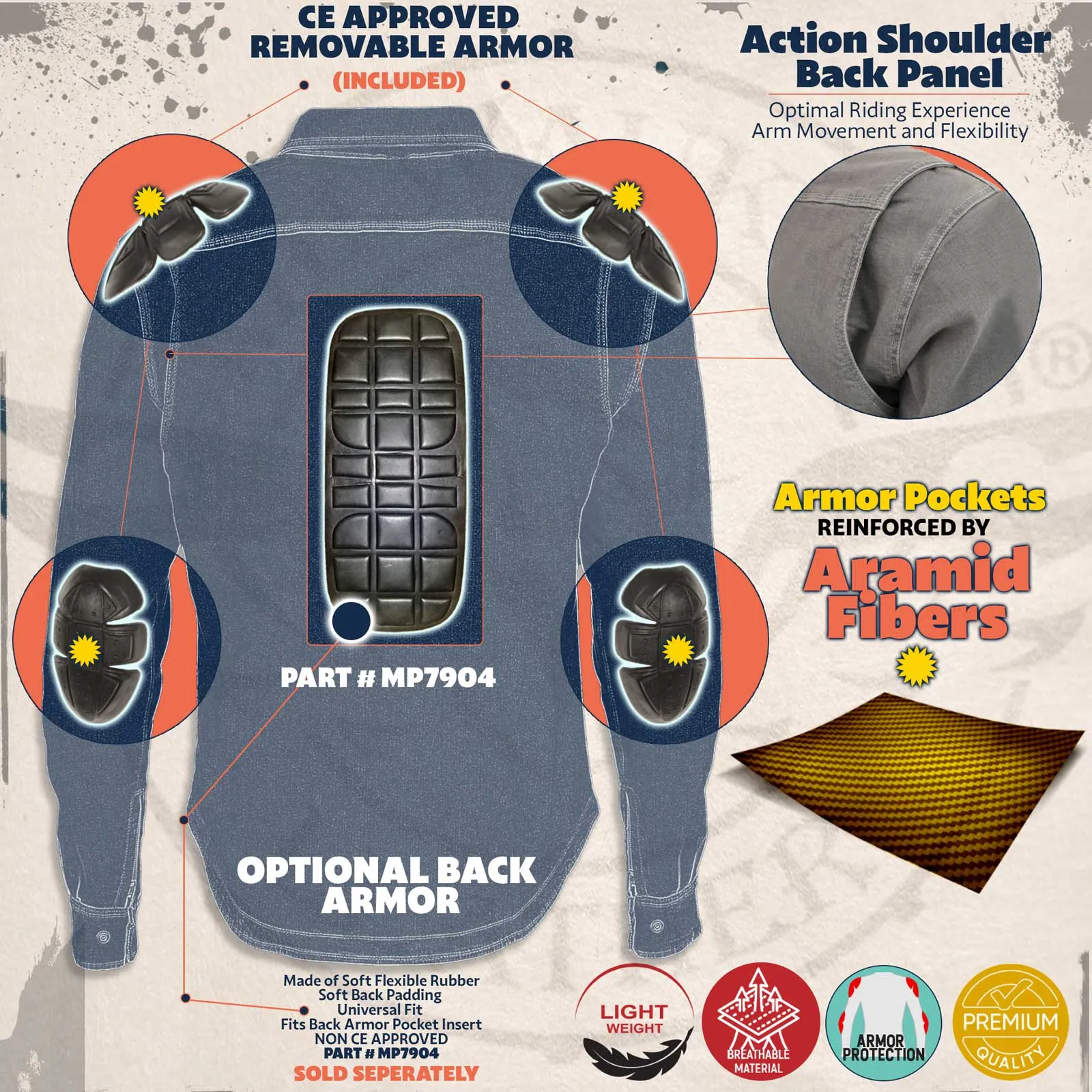 MPM1640 Men's Plaid Flannel Biker Shirt with CE Approved Armor - Reinforced w/ Aramid Fiber