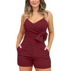 New Sexy Suspender Jumpsuit For Woman Low Cut Tie Solid Tie Knot Strap Shorts Romper Comfy Casual Overalls With Pockets Shorts