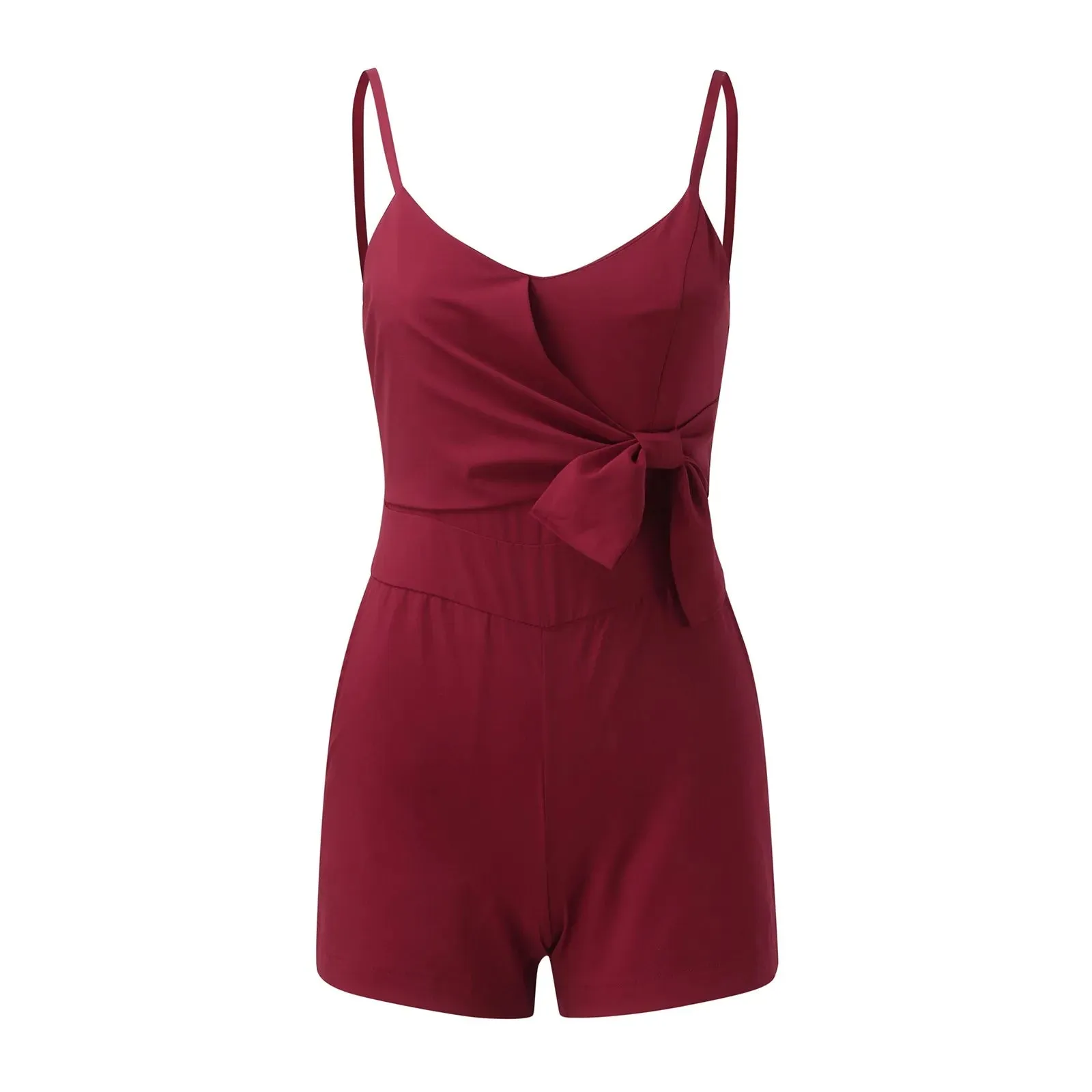 New Sexy Suspender Jumpsuit For Woman Low Cut Tie Solid Tie Knot Strap Shorts Romper Comfy Casual Overalls With Pockets Shorts