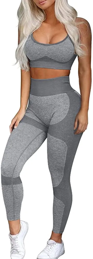 OQQ Exercise Outfits for Women Workout 2 Piece Seamless High Waist Leggings with Sport Bra Yoga Set