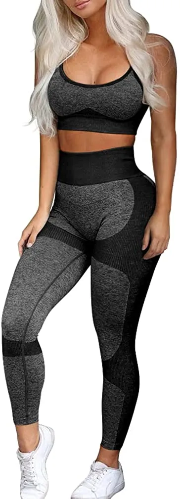 OQQ Exercise Outfits for Women Workout 2 Piece Seamless High Waist Leggings with Sport Bra Yoga Set