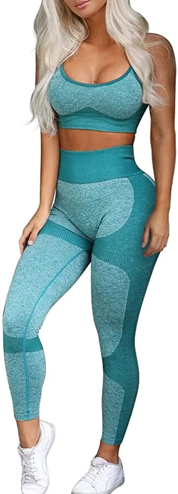OQQ Exercise Outfits for Women Workout 2 Piece Seamless High Waist Leggings with Sport Bra Yoga Set