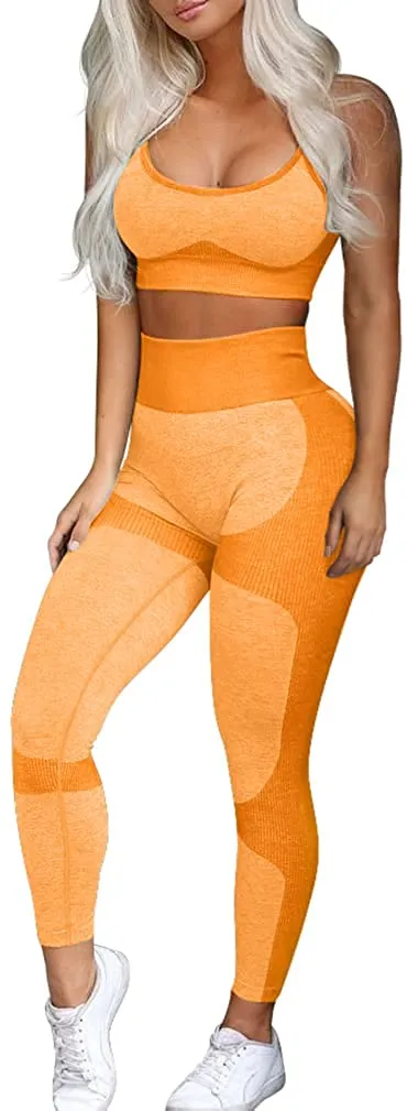 OQQ Exercise Outfits for Women Workout 2 Piece Seamless High Waist Leggings with Sport Bra Yoga Set