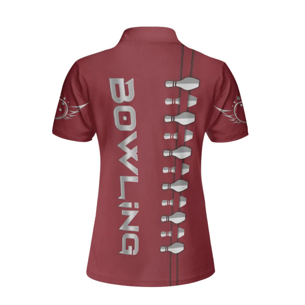 Personalized Custom Name Red Bowling Custom Cosplay Short Sleeve Women Polo Shirt, Personalized Bowling Polo Shirt For Women, Bowling Gift Idea