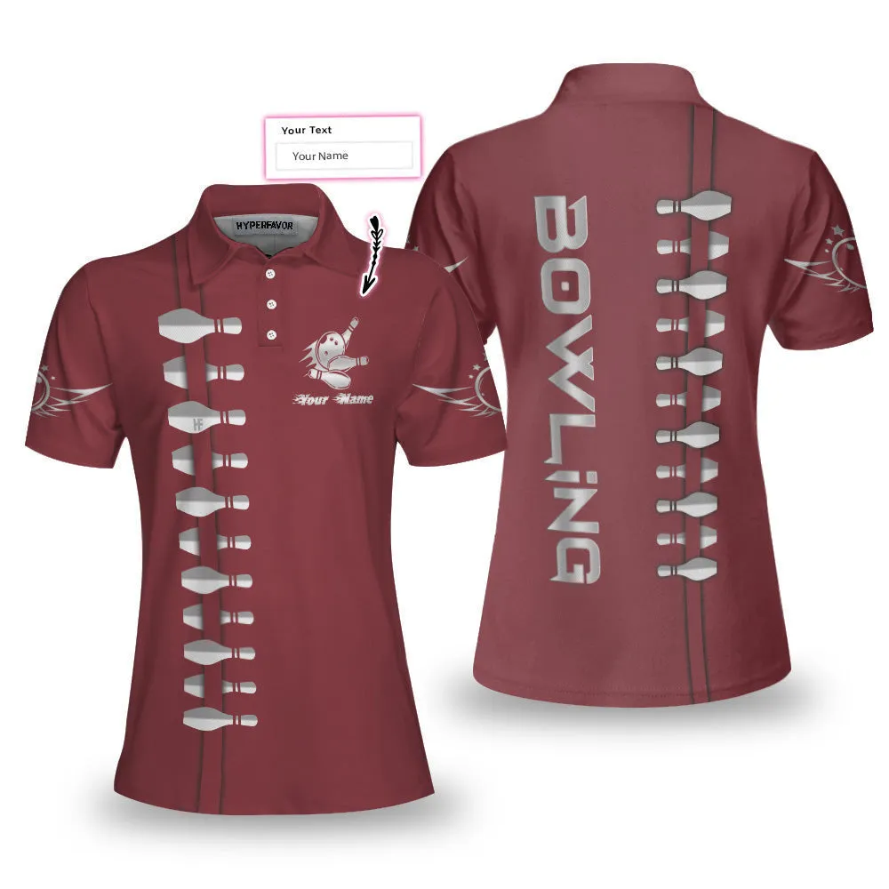 Personalized Custom Name Red Bowling Custom Cosplay Short Sleeve Women Polo Shirt, Personalized Bowling Polo Shirt For Women, Bowling Gift Idea