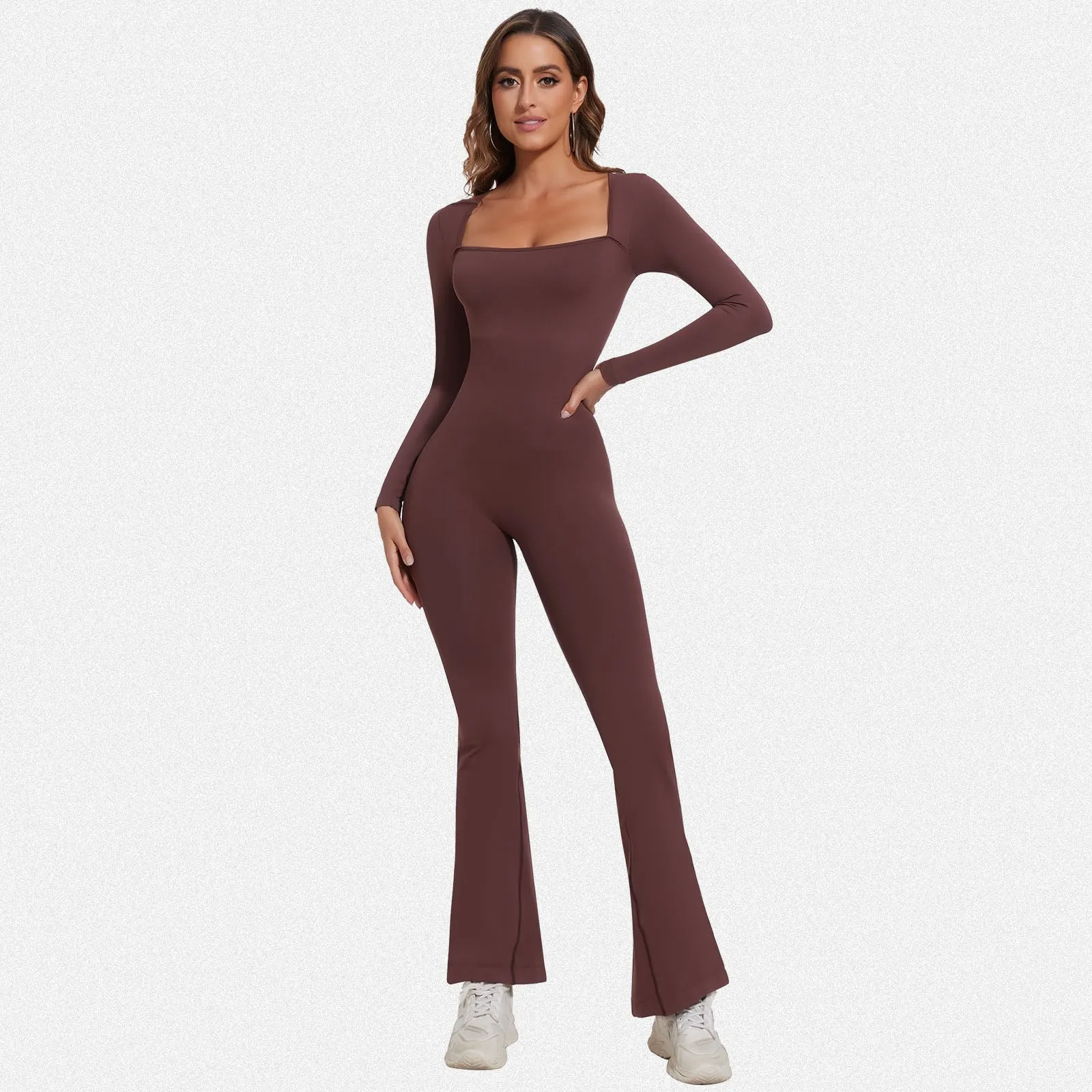 Shaperin Long Sleeve Suqare Neck Flared Leggings Workout Unitard Jumpsuit