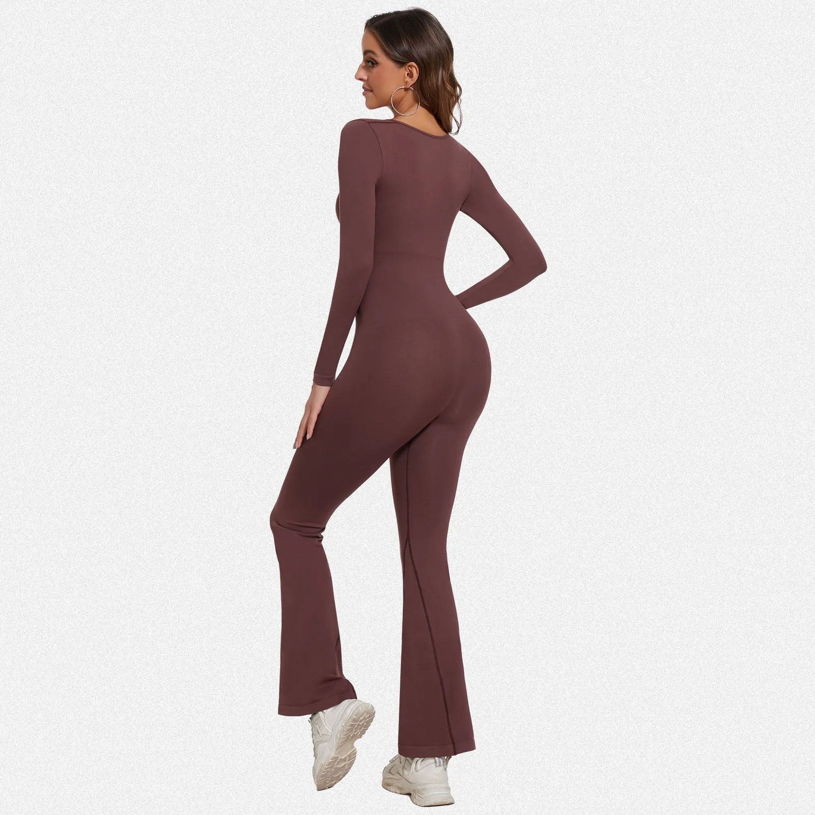 Shaperin Long Sleeve Suqare Neck Flared Leggings Workout Unitard Jumpsuit