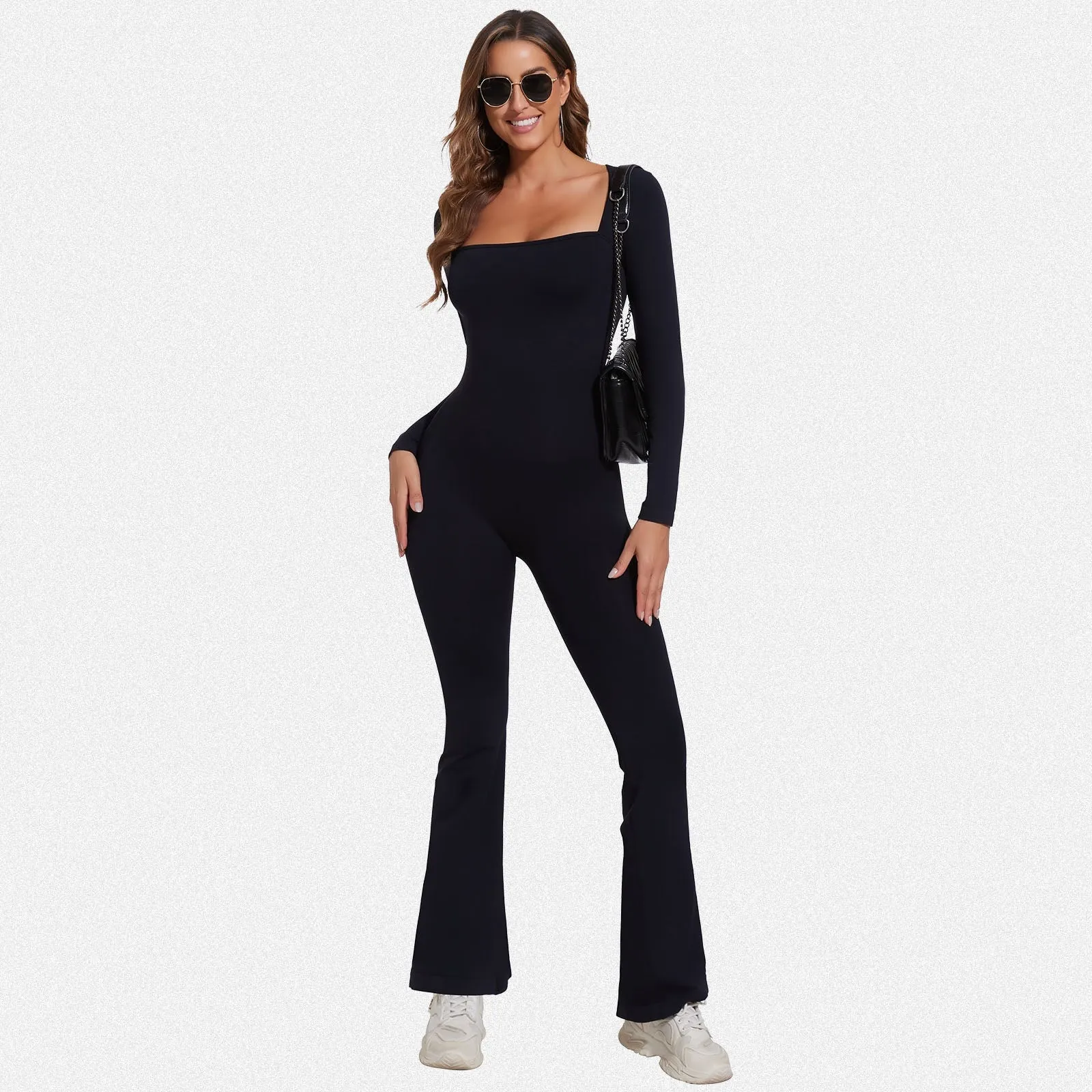 Shaperin Long Sleeve Suqare Neck Flared Leggings Workout Unitard Jumpsuit