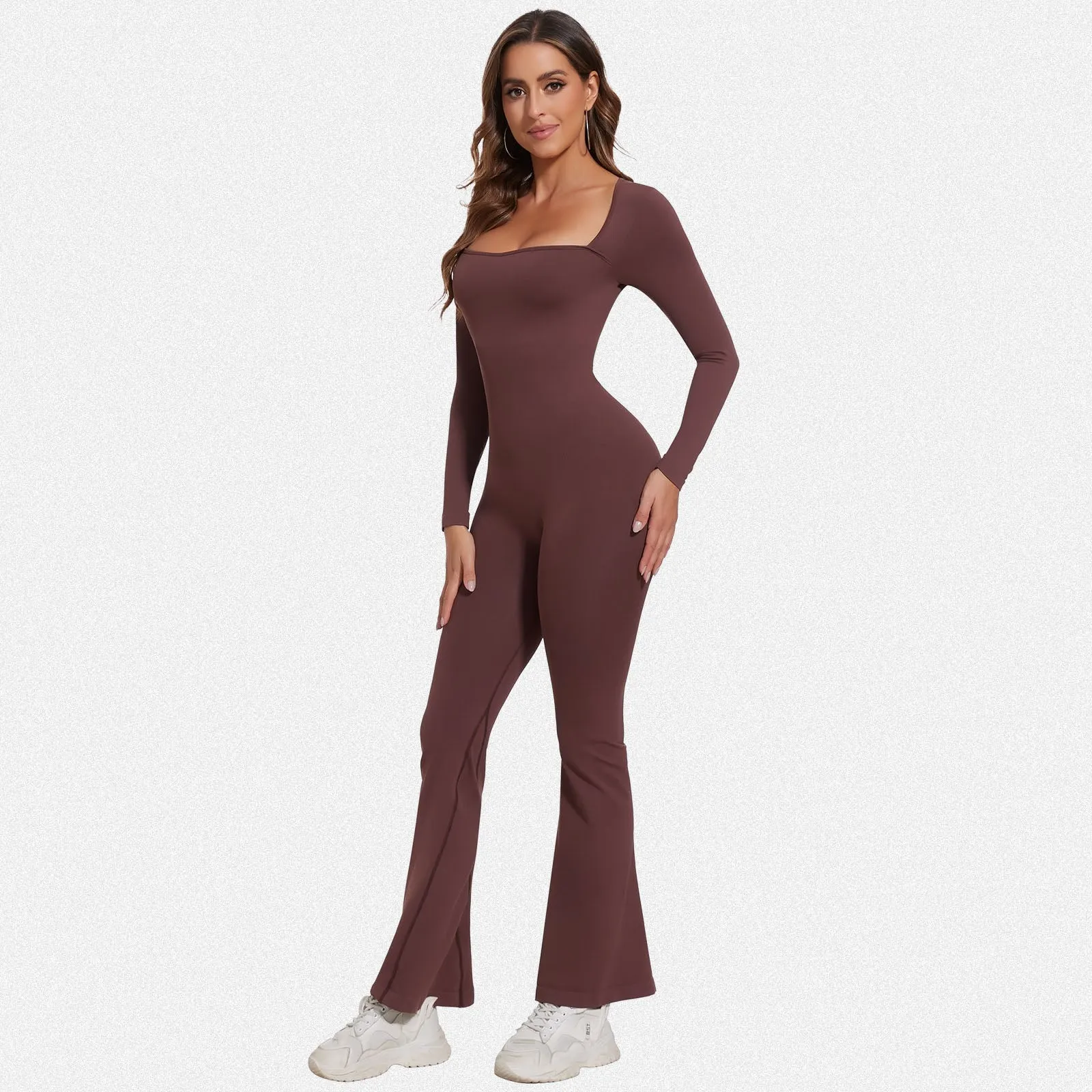 Shaperin Long Sleeve Suqare Neck Flared Leggings Workout Unitard Jumpsuit