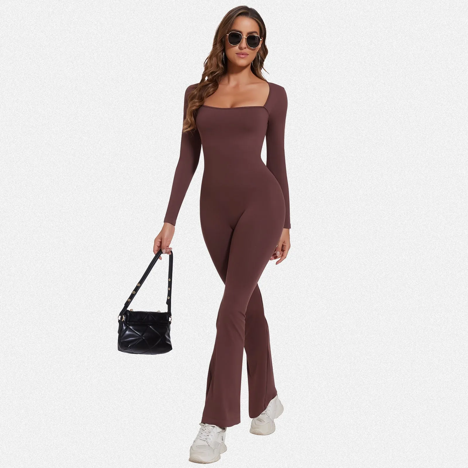 Shaperin Long Sleeve Suqare Neck Flared Leggings Workout Unitard Jumpsuit