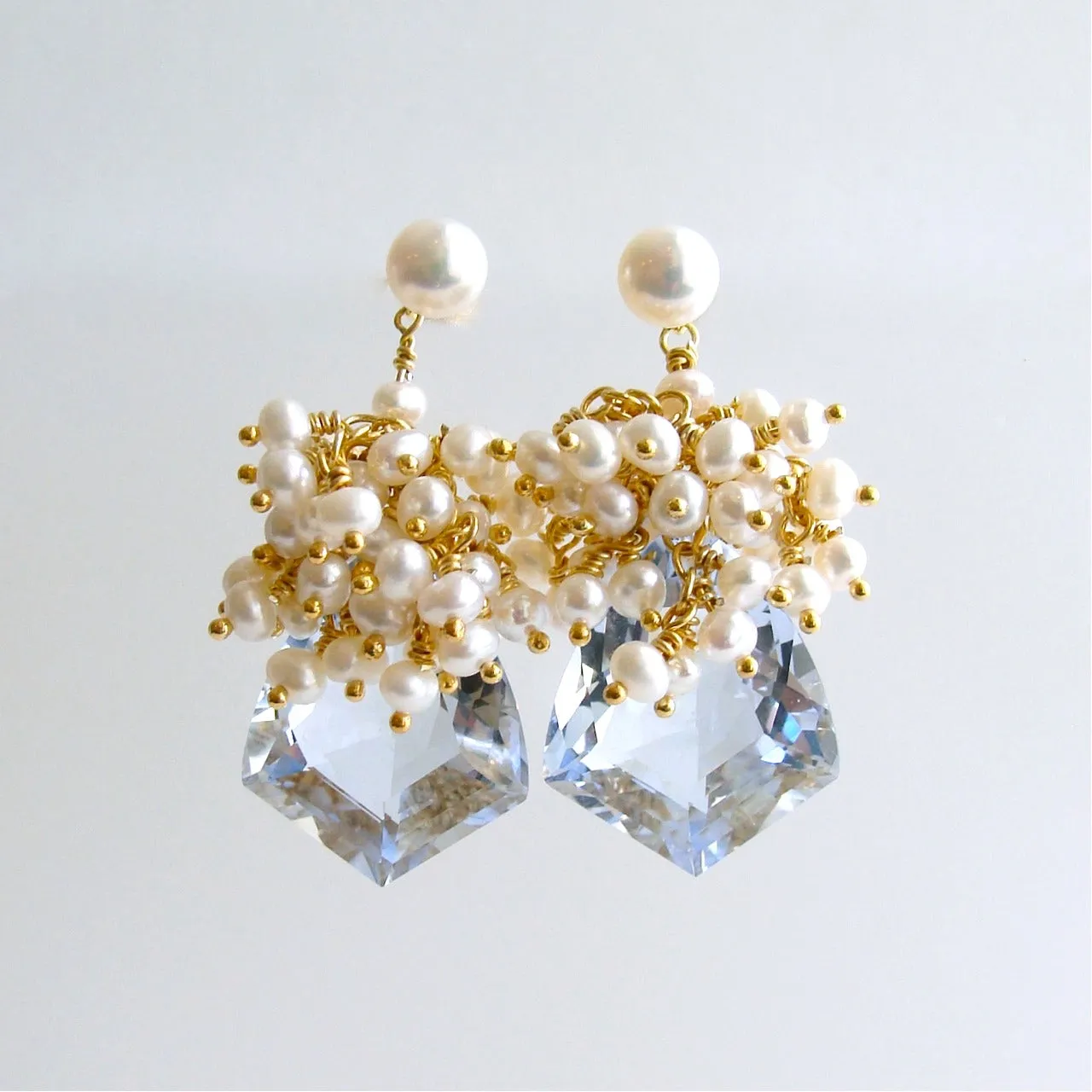 Shield Cut Sky Blue Topaz Seed Pearl Cluster Earrings - Diana V Earrings