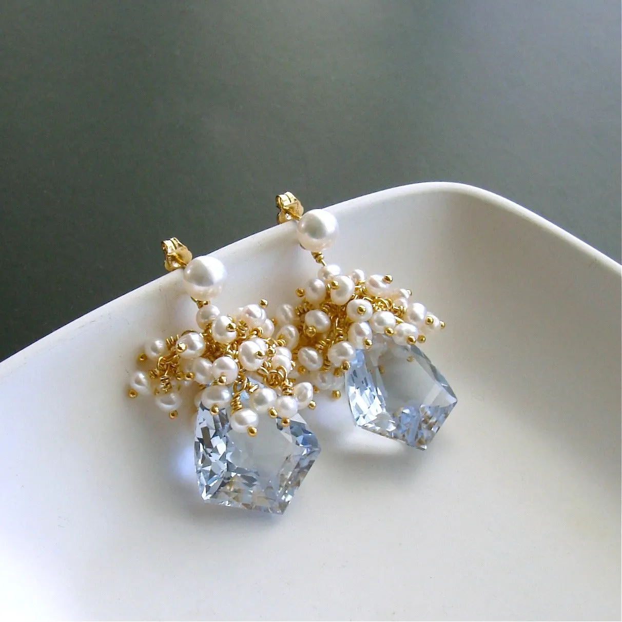Shield Cut Sky Blue Topaz Seed Pearl Cluster Earrings - Diana V Earrings