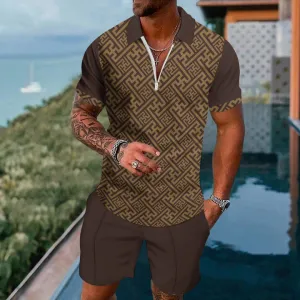 Short Sleeve Zip Polo Classic Pattern Board Shorts Set 2404001384