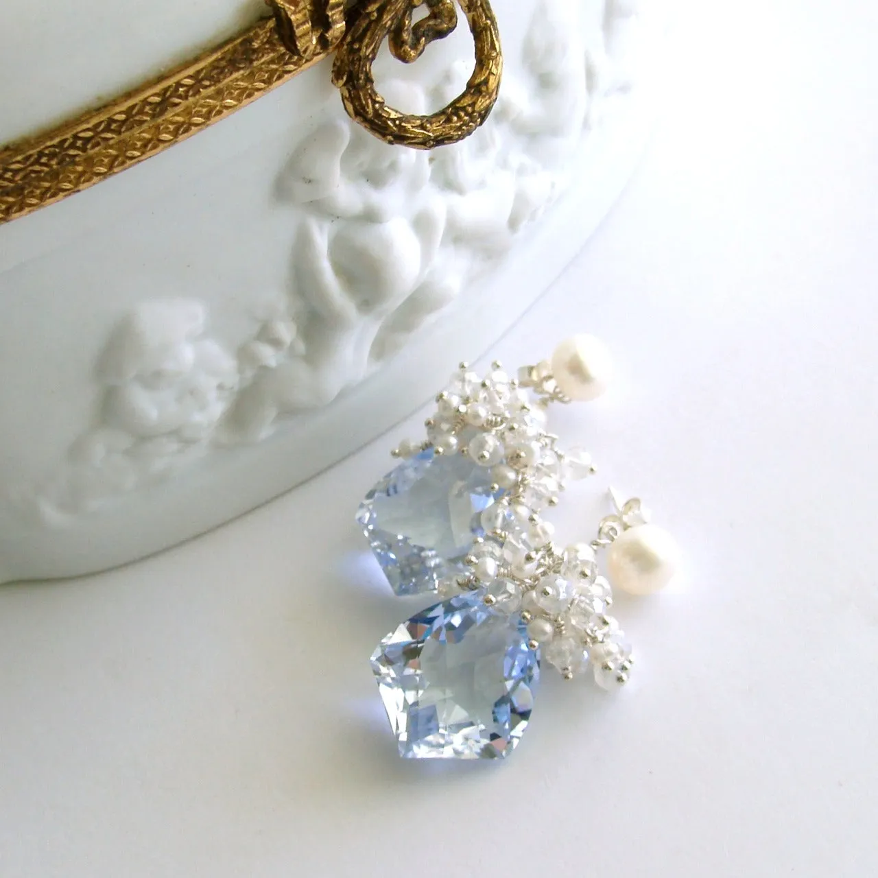 Sky Blue Topaz Pearls Moonstone Earrings - Diana Cluster Earrings
