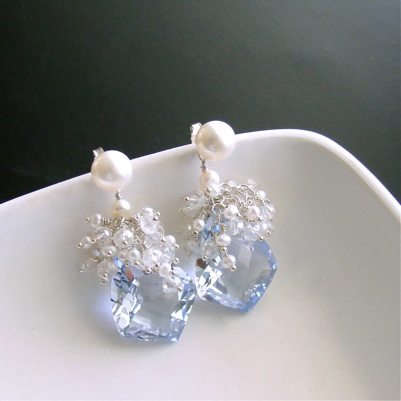 Sky Blue Topaz Pearls Moonstone Earrings - Diana Cluster Earrings