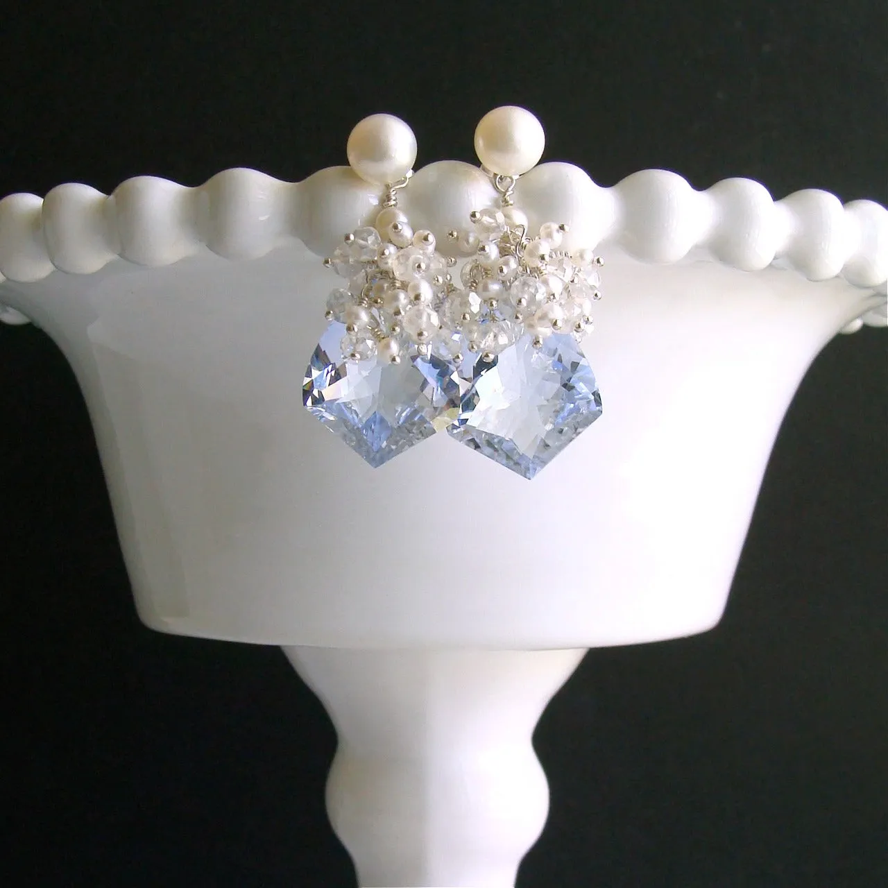 Sky Blue Topaz Pearls Moonstone Earrings - Diana Cluster Earrings