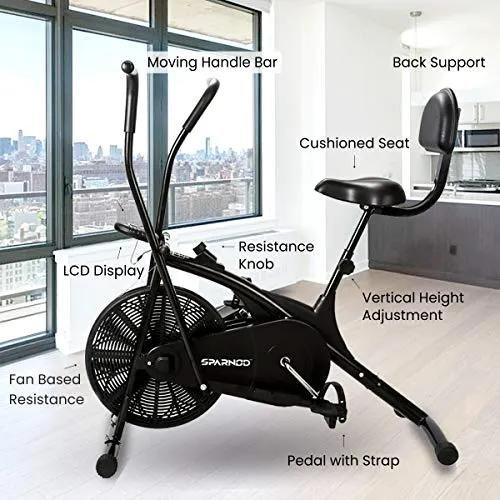 Sparnod Fitness SAB-05 Air Bike Exercise Cycle for Home Gym - Dual Action for Full Body Workout (Setting for Moving/Stationary Handles) - Adjustable Resistance, Height Adjustable seat with Back Rest (Do It Yourself Installation)