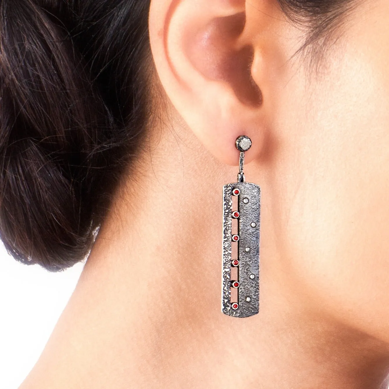 Sterling Silver Earrings with Orange-Red Sapphires and White Diamonds