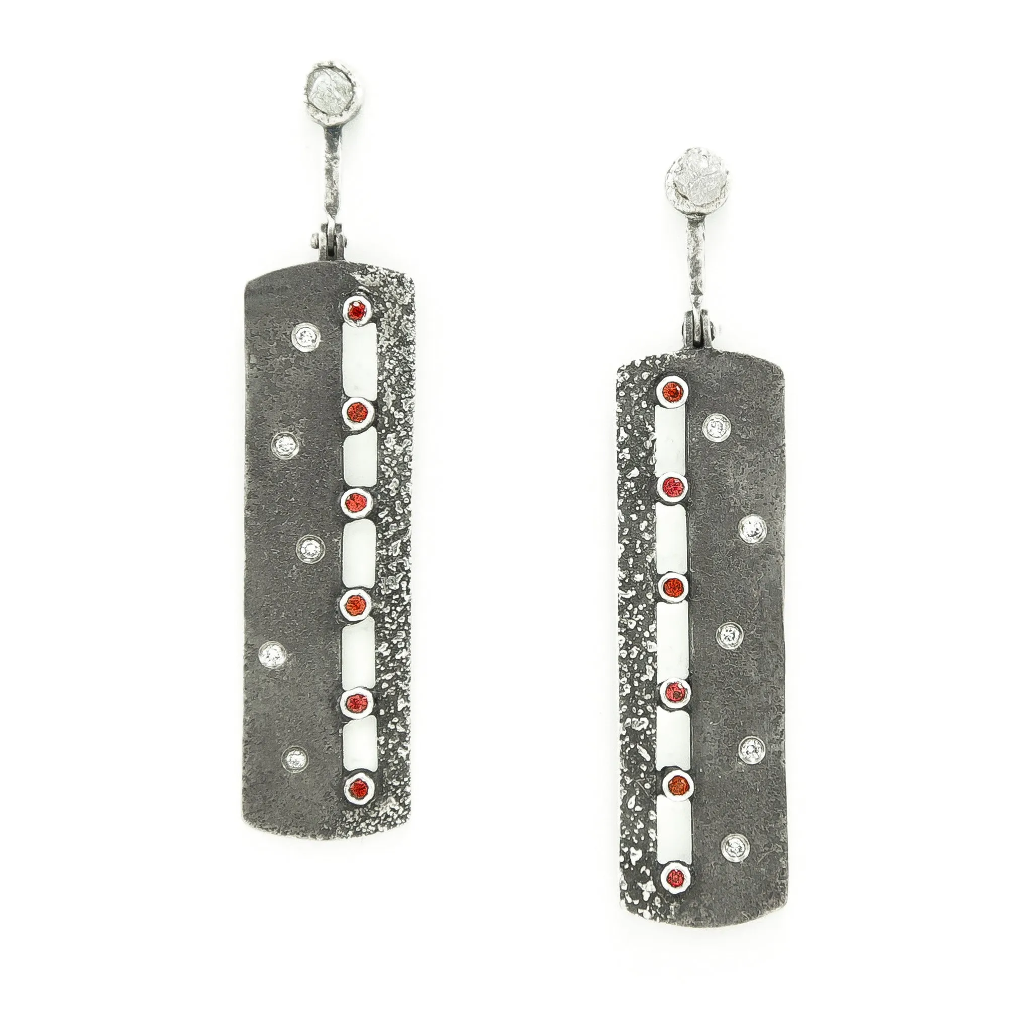 Sterling Silver Earrings with Orange-Red Sapphires and White Diamonds