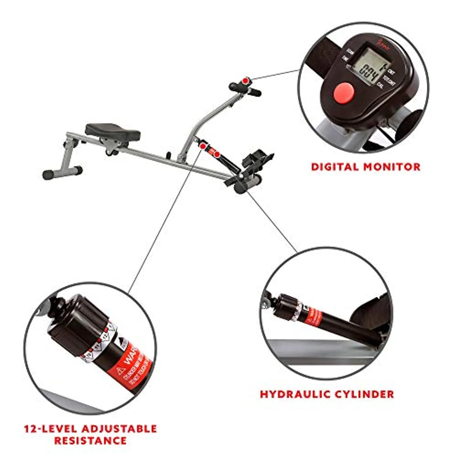 Sunny Health & Fitness SF-RW1205 Rowing Machine Rower with 12 Level Adjustable Resistance, Digital Monitor and 220 LB Max Weight