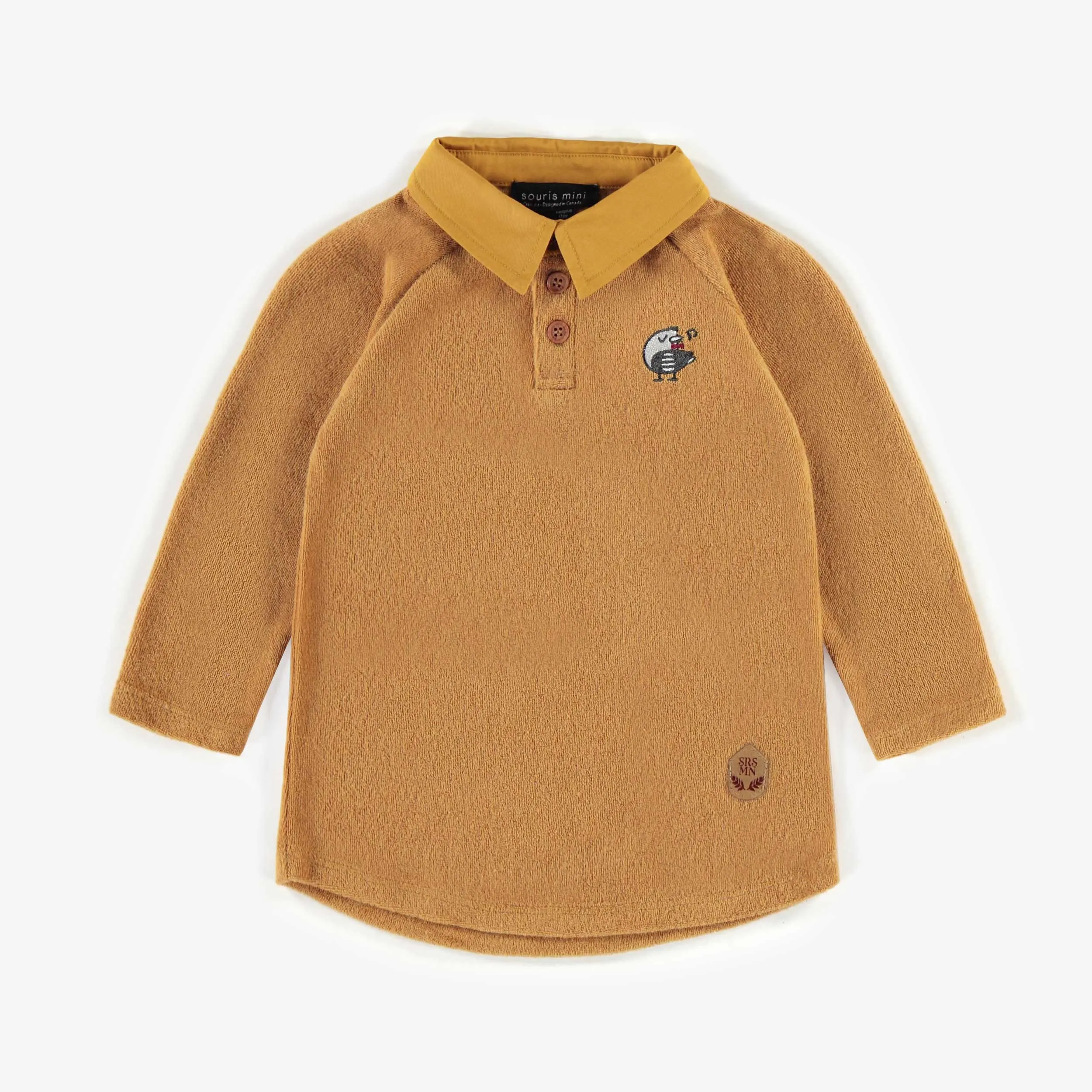 T-shirt caramel à manches longues avec col polo, bébé || Caramel t-shirt with long sleeves and a polo collar, baby