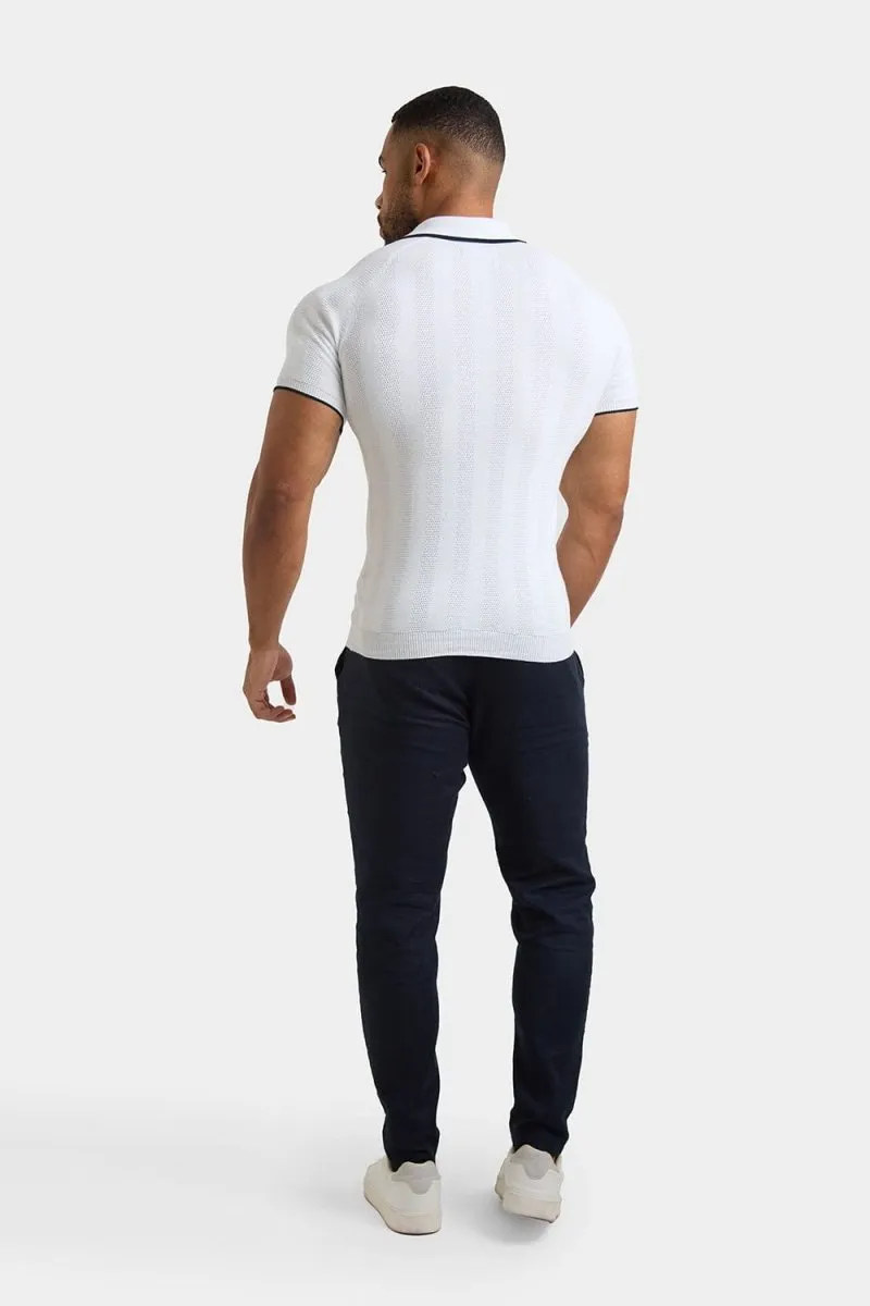 Textured Rib Zip Neck Knit Polo in Off White