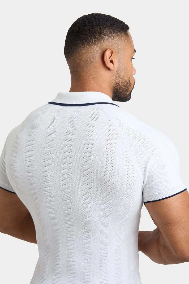 Textured Rib Zip Neck Knit Polo in Off White