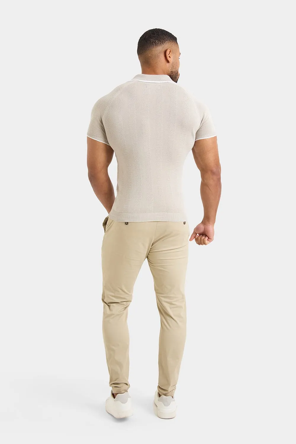 Textured Rib Zip Neck Knit Polo in Stone