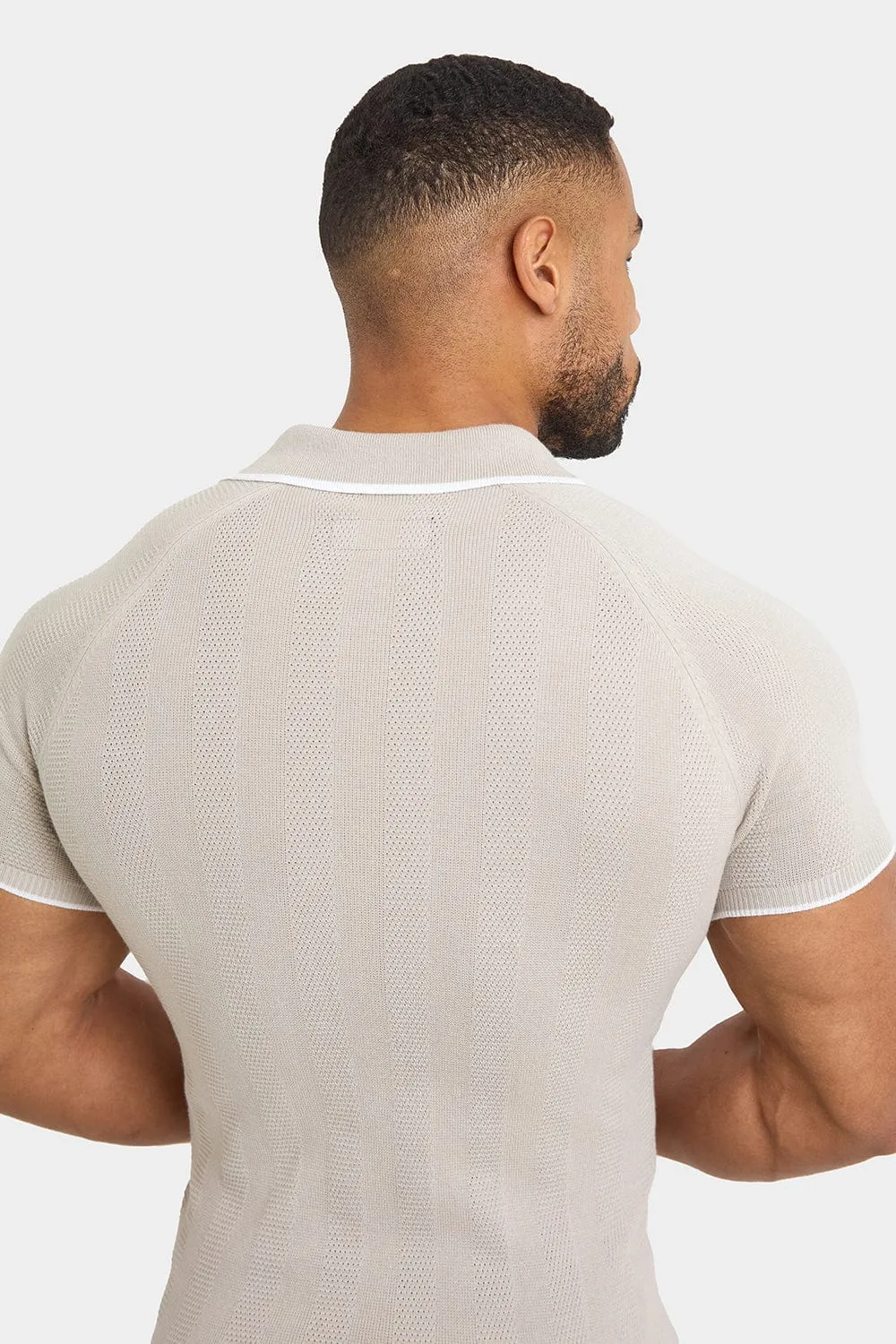 Textured Rib Zip Neck Knit Polo in Stone