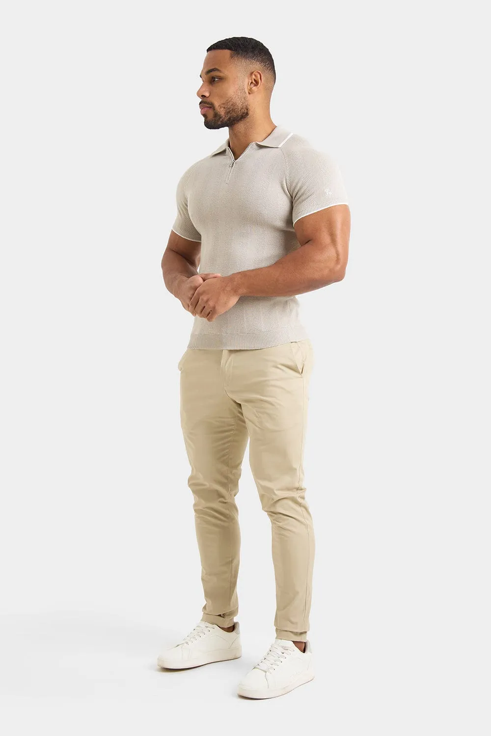 Textured Rib Zip Neck Knit Polo in Stone