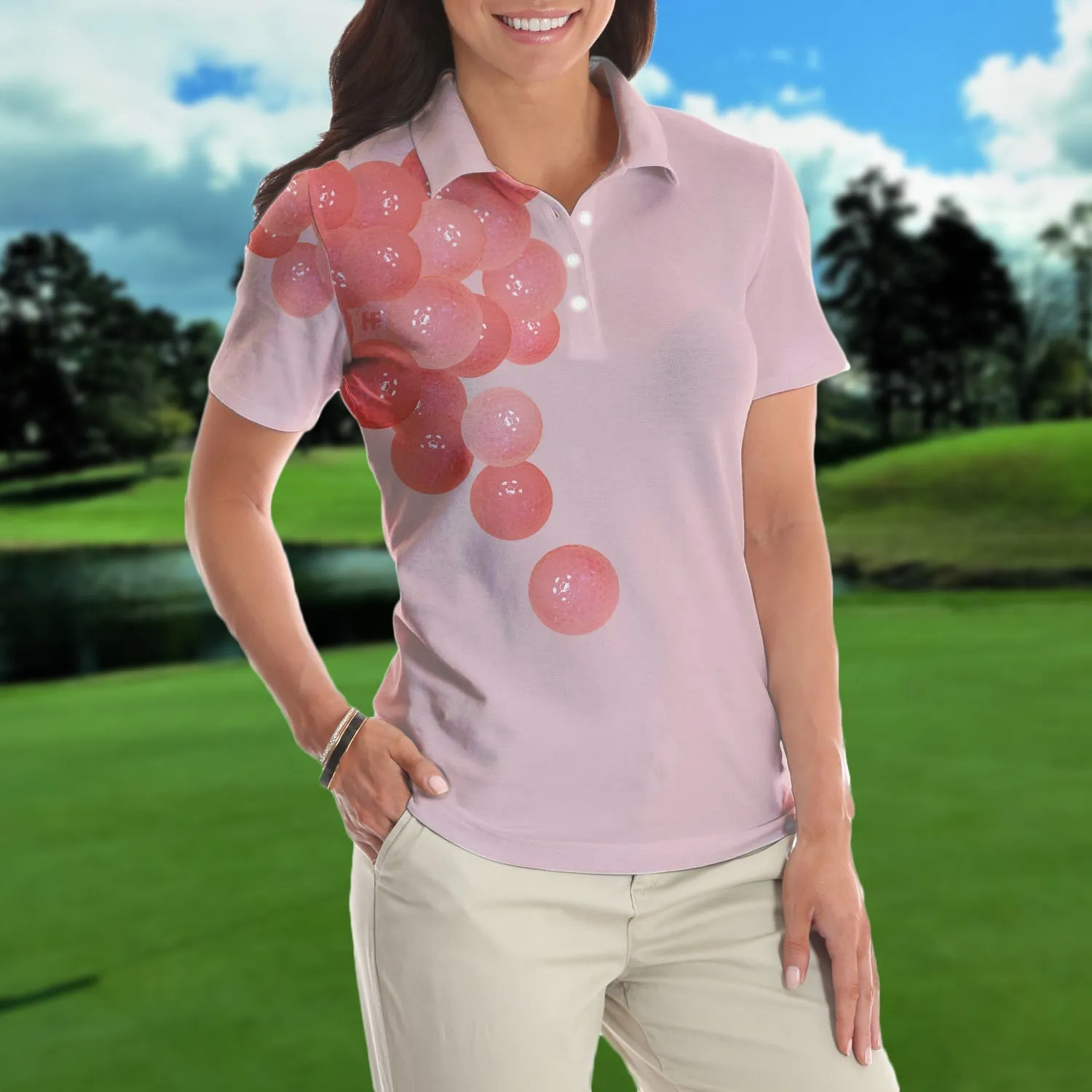 Thoughtful Pink Golf Balls Pattern Women Polo Shirt