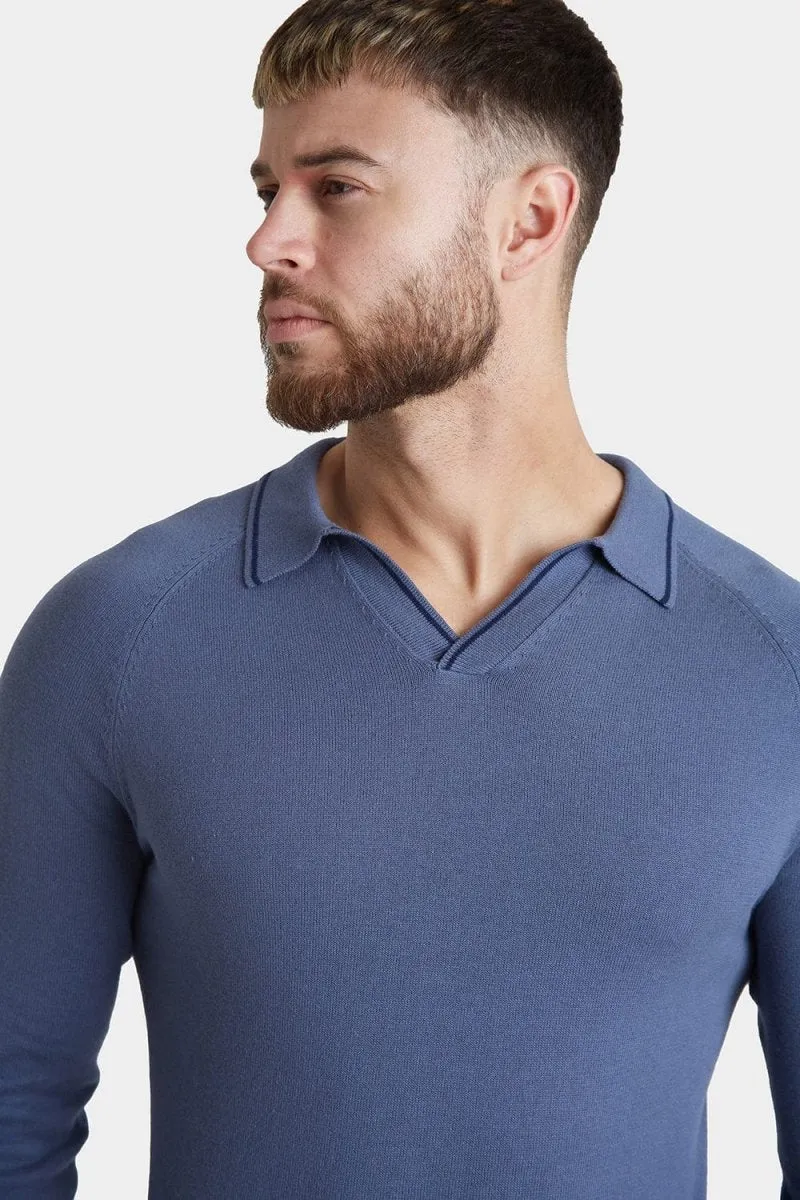 Tipped Buttonless Open Collar Polo in Blue/Navy