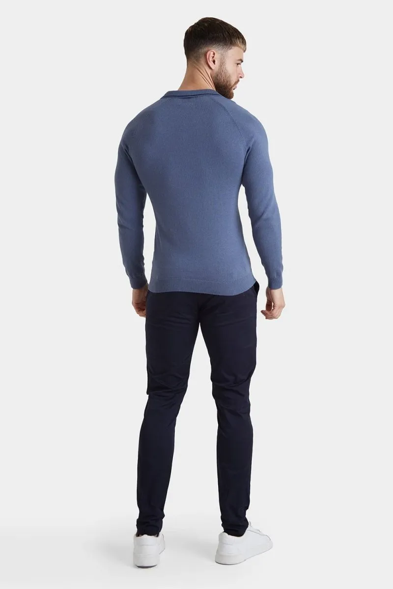 Tipped Buttonless Open Collar Polo in Blue/Navy