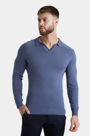 Tipped Buttonless Open Collar Polo in Blue/Navy